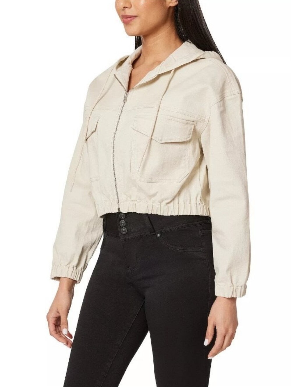 Like NEW Wallflower Cream Denim Cropped Hooded Jacket Zip Up Neutral XL Juniors